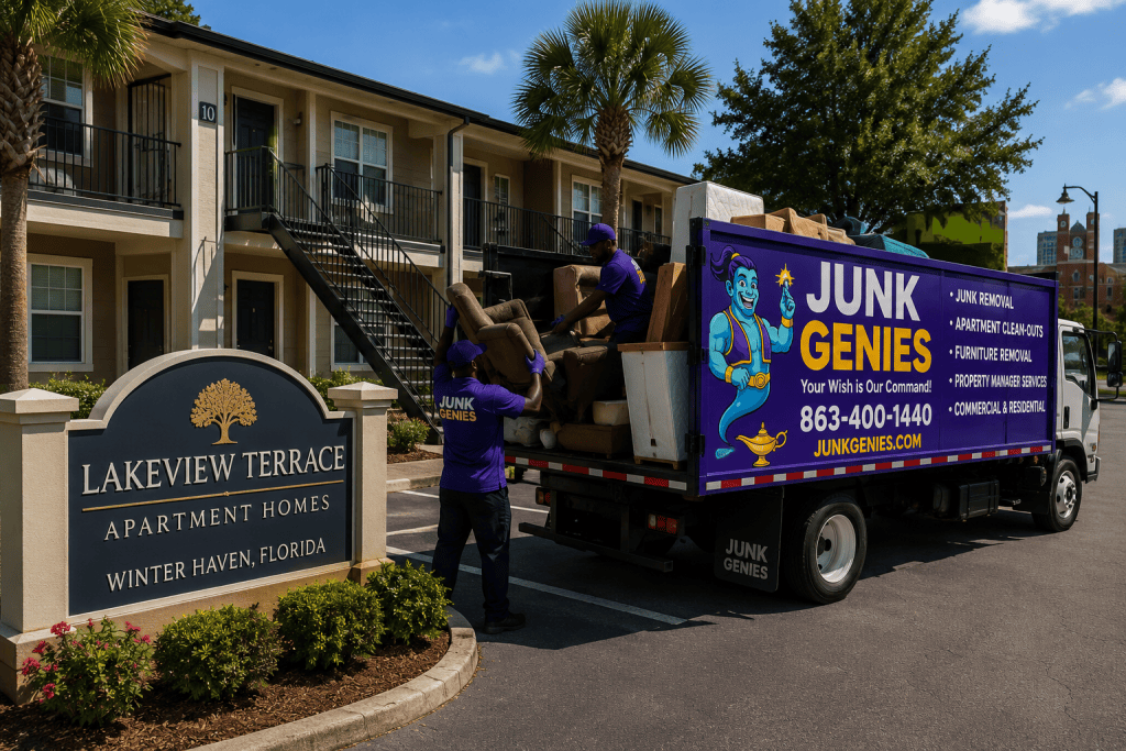 Junk Genies crew performing apartment junk removal at a Winter Haven apartment community while loading furniture and tenant belongings into a junk removal truck.