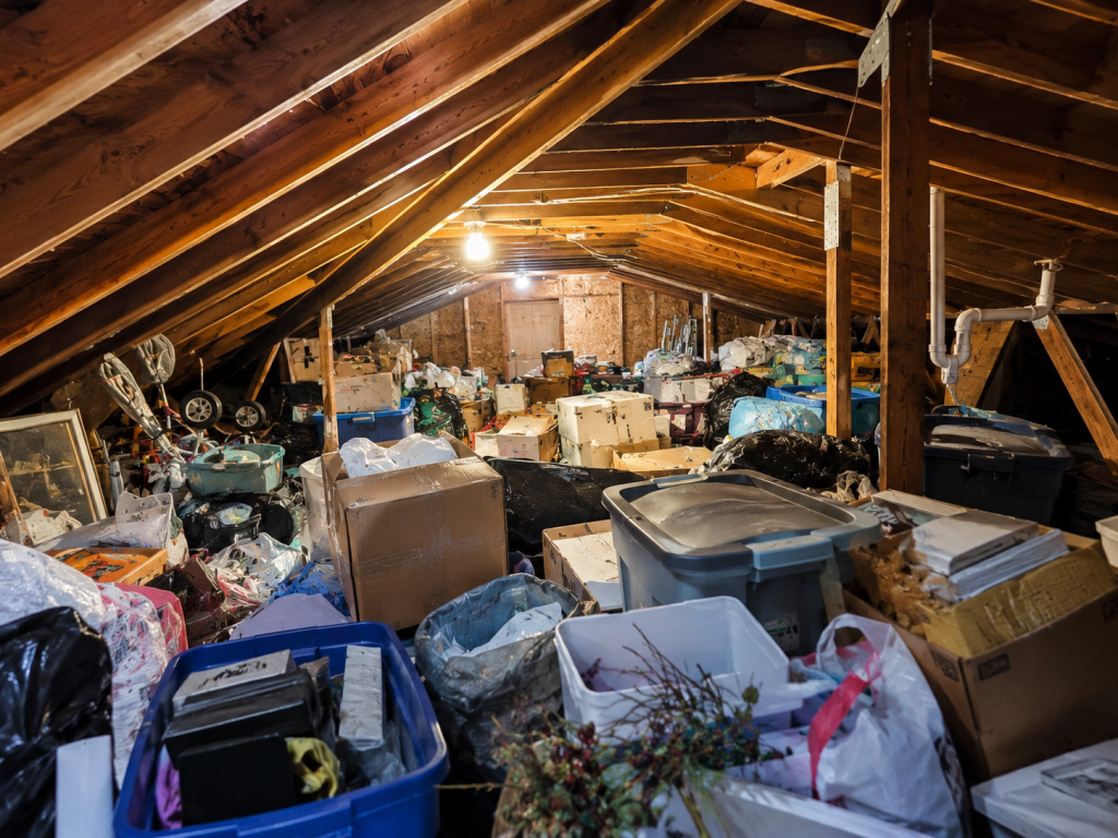Cluttered attic filled with storage bins, boxes, household items, and accumulated junk before a professional attic cleanout service.