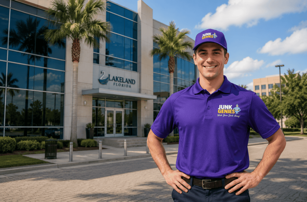 Junk Genies commercial junk removal professional standing in front of a modern office building in Lakeland, Florida.