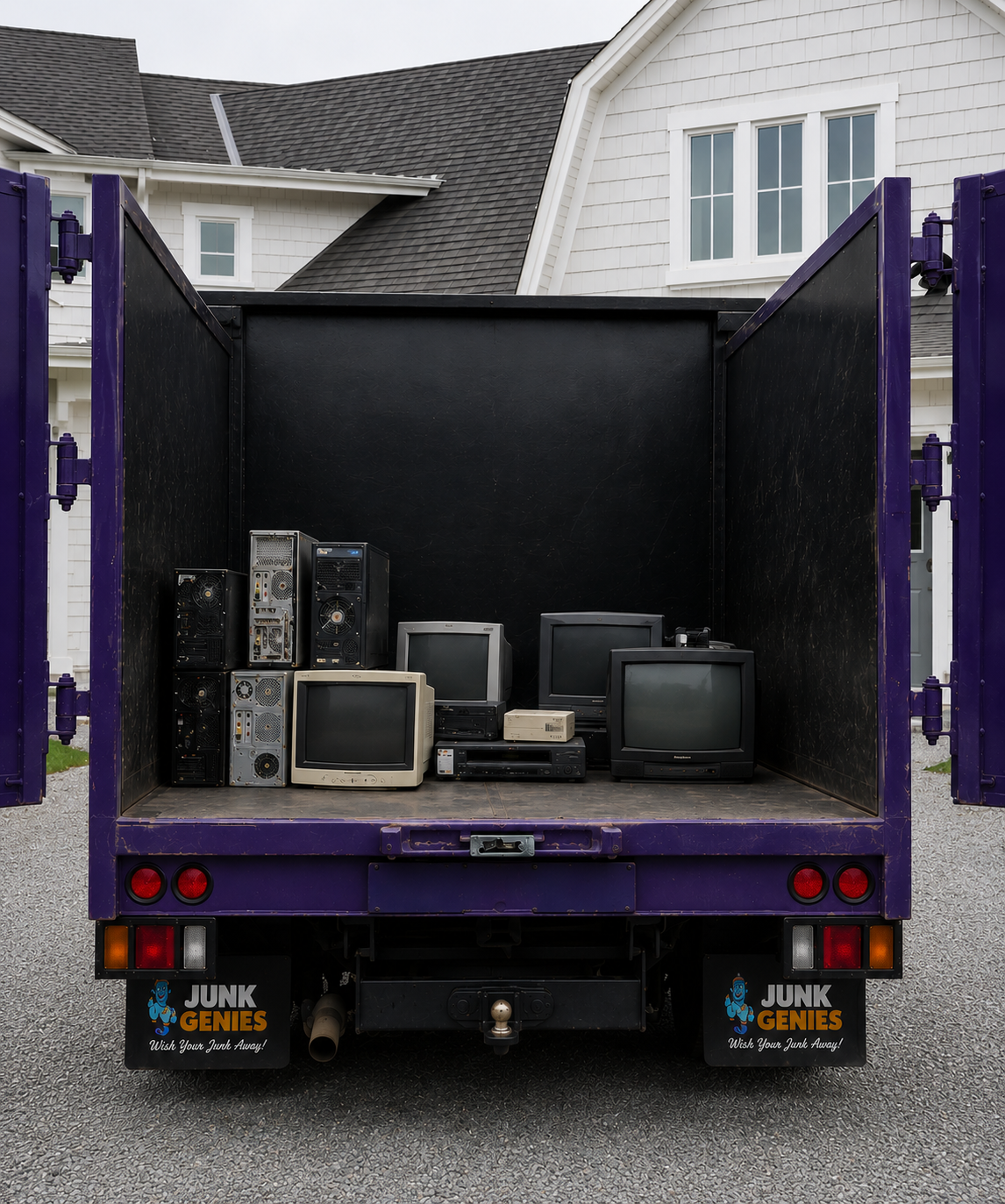 Junk Genies electronics disposal truck loaded with old computer monitors, desktop computers, and electronic waste ready for recycling in Central Florida.
