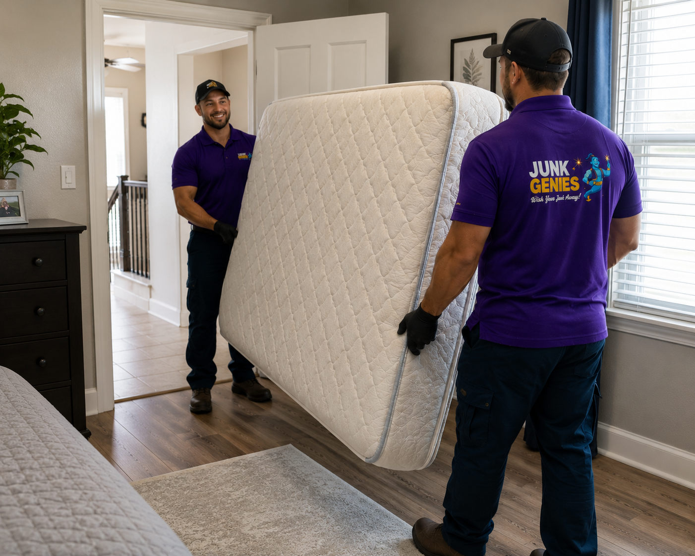 Junk Genies team members removing a mattress from a bedroom during a professional mattress removal service in Central Florida.