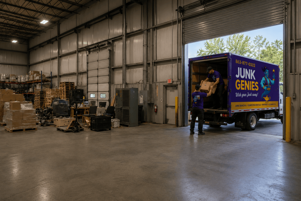 Junk Genies crew loading debris into a branded truck during a warehouse cleanout project at a commercial distribution facility in Central Florida.