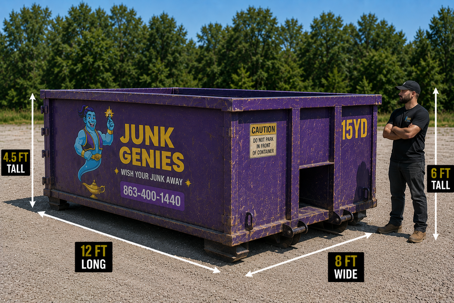 Purple 15 yard roll off dumpster rental measuring 12 feet long, 8 feet wide, and 4.5 feet tall, designed for medium-sized home cleanouts, flooring removal, and remodeling projects.