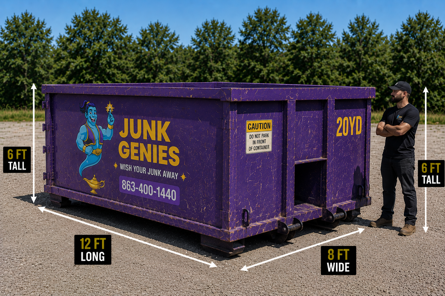 Purple 20 yard roll off dumpster rental measuring 12 feet long, 8 feet wide, and 6 feet tall, suitable for large home renovations, roofing projects, estate cleanouts, and construction debris.