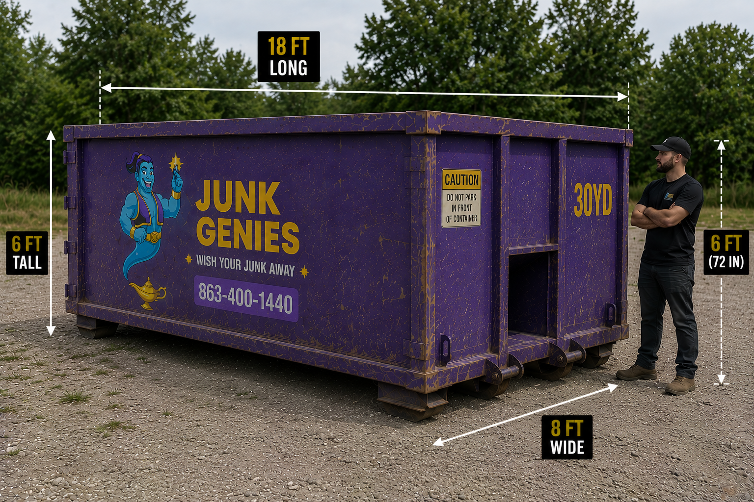 Purple 30 yard roll off dumpster rental measuring 18 feet long, 8 feet wide, and 6 feet tall, ideal for major renovations, commercial cleanouts, demolition debris, and large construction projects.