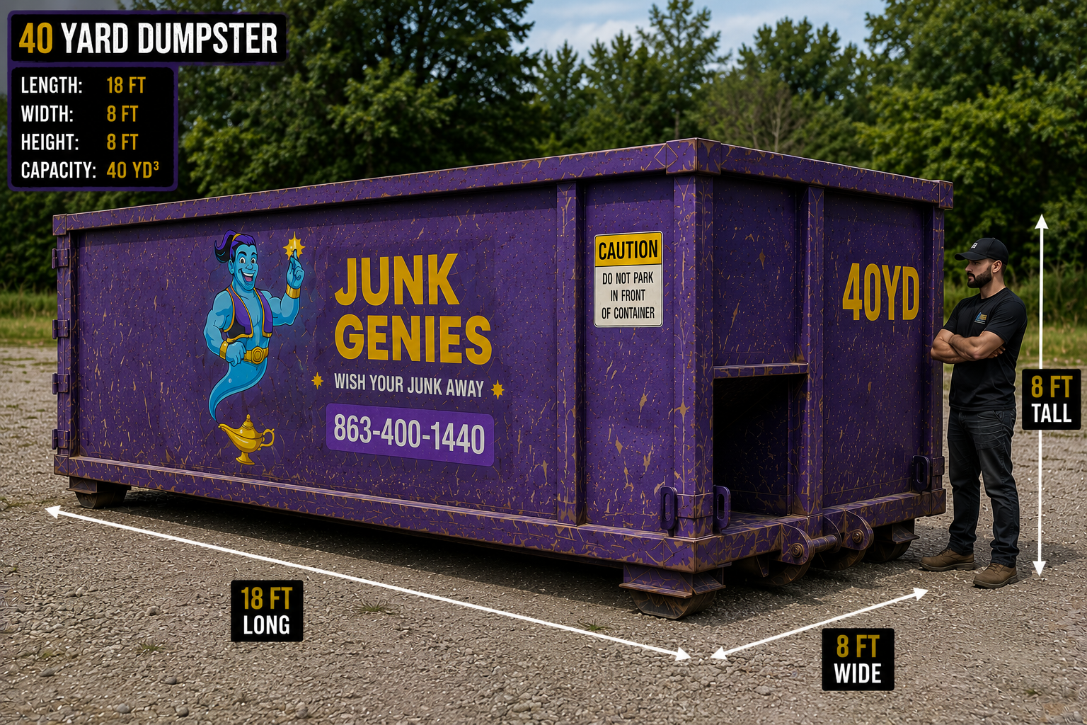Purple 40 yard roll off dumpster rental measuring 18 feet long, 8 feet wide, and 8 feet tall, designed for commercial construction, demolition, warehouse cleanouts, and large-scale debris removal.